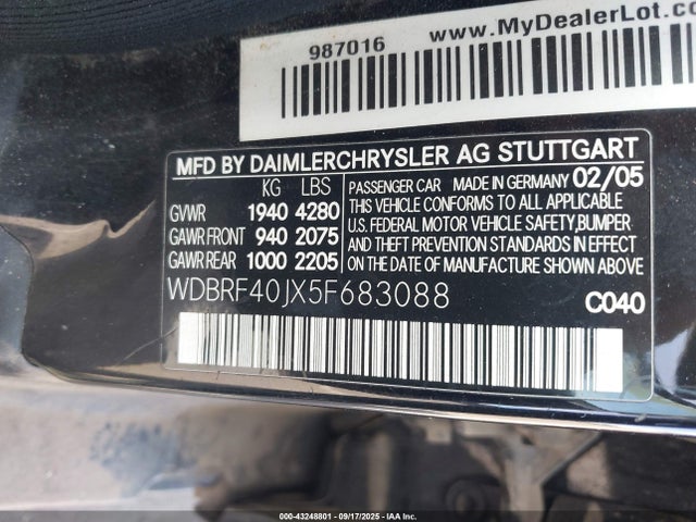 Aukcja sprzedaży 2005 Mercedes-benz C 230 Kompressor Sport, vin: WDBRF40JX5F683088, numer aukcji: 43248801