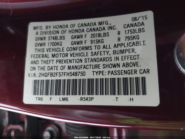 Honda r18z1 2015 2HGFB2F57FH548750 Image 9