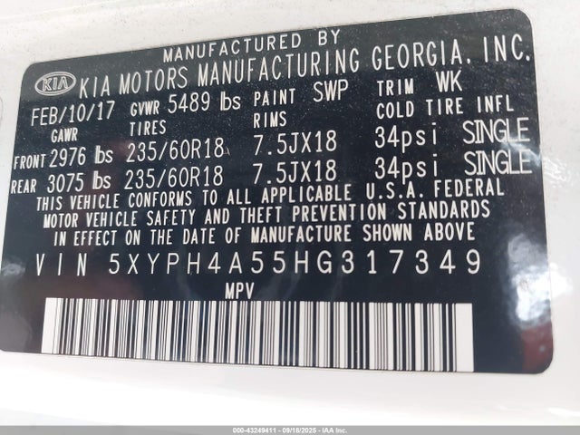 5XYPH4A55HG317349 KIA 2017