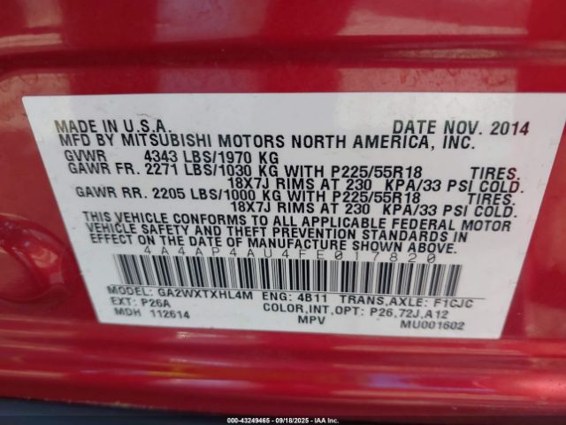 2015 MITSUBISHI OUTLANDER SPORT 4A4AP4AU4FE017820 Photo 8