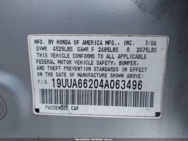 2004 ACURA TL 19UUA66204A063496 Photo 8