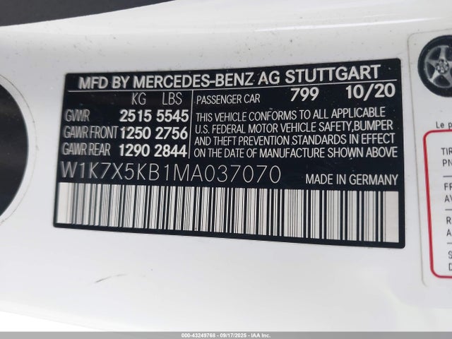 W1K7X5KB1MA037070 Mercedes-Benz AMG GT