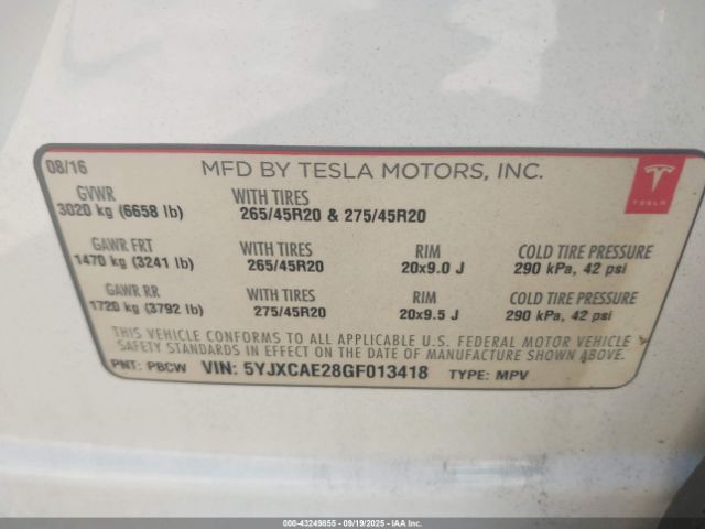 2016 TESLA MODEL X 5YJXCAE28GF013418 Photo 8