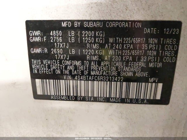 Auction sale of the 2024 Subaru Outback Premium, vin: 4S4BTAFC6R3213422, lot number: 43249939