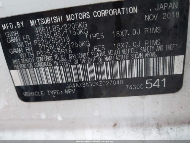 2019 MITSUBISHI OUTLANDER JA4AZ3A30KZ027048 Photo 8