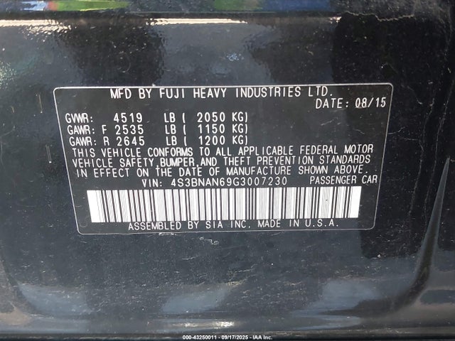 4S3BNAN69G3007230 Subaru 2.5l u5