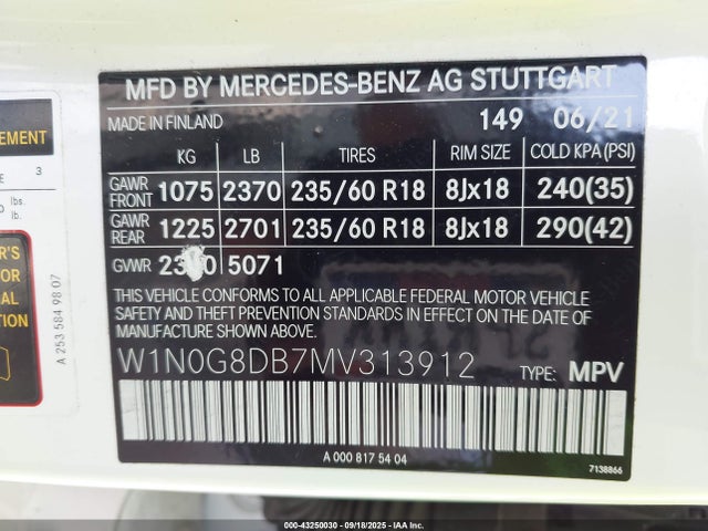 2021 Mercedes-benz Glc 300 Suv მანქანა იყიდება აუქციონზე, vin: W1N0G8DB7MV313912, აუქციონის ნომერი: 43250030
