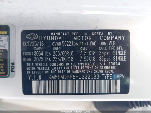 KM8SMDHF6HU222183 Hyundai gdi lambda ii