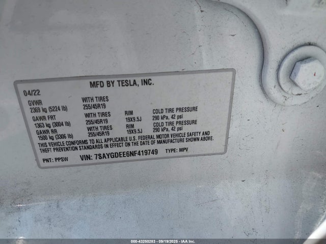 2022 TESLA MODEL Y 7SAYGDEE6NF419749 Photo 8