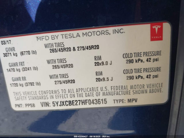 2017 TESLA MODEL X 5YJXCBE27HF043615 Photo 8