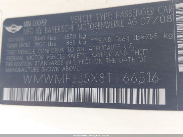 2008 MINI COOPER WMWMF335X8TT66516 Photo 8