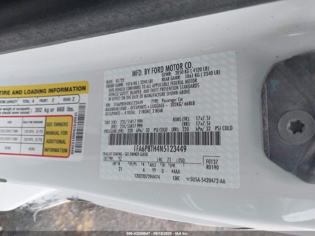 Ford 4v 2022 1FA6P8TH4N5123449 Image 9