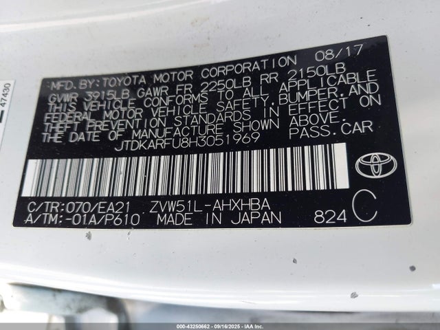 JTDKARFU8H3051969 Toyota 2zr-fxe,1nm