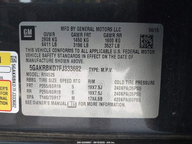 Aukcja sprzedaży 2015 Buick Enclave Leather, vin: 5GAKRBKD7FJ333682, numer aukcji: 43250667