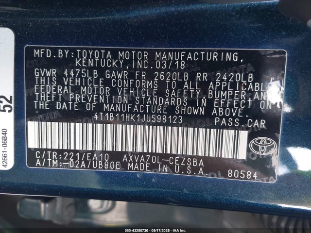 4T1B11HK1JU598123 Toyota a25a-fks