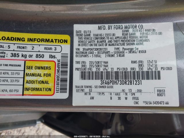 2013 FORD FUSION 3FA6P0H73DR281231 Photo 8