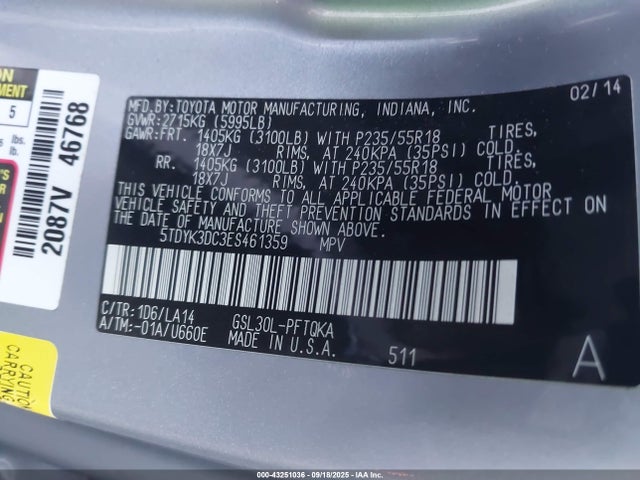 Toyota 2gr-fks 2014 5TDYK3DC3ES461359 Image 9