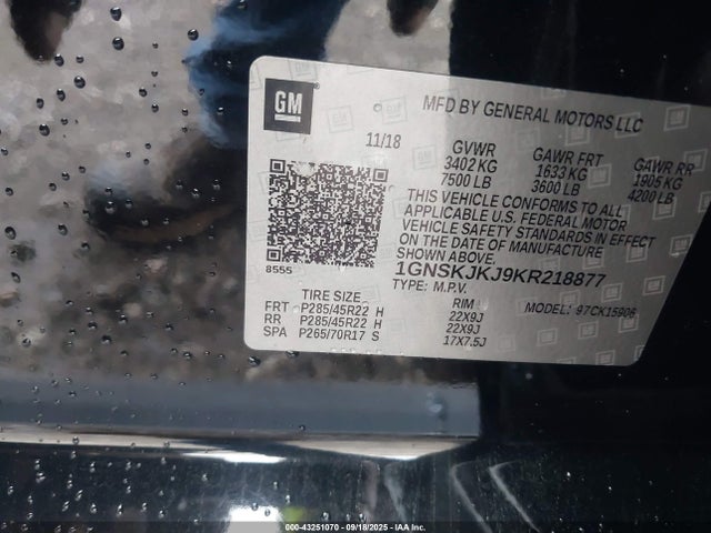 1GNSKJKJ9KR218877 Chevrolet l86 - sidi vvt, afm, e85 max, alum