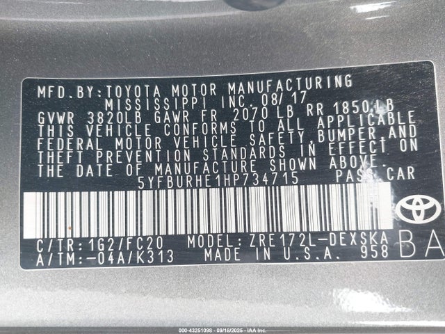 Toyota 2zr-fe 2017 5YFBURHE1HP734715 Image 9
