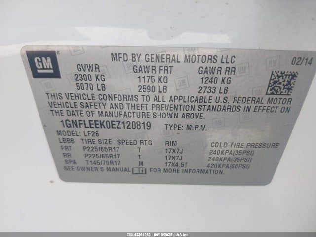 1GNFLEEK0EZ120819 Chevrolet lea - flex fuel (gas/alc), aluminum, high output