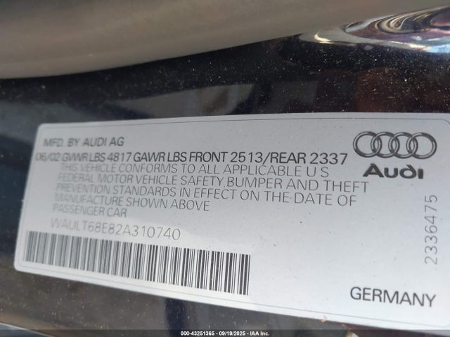 2002 AUDI A4 WAULT68E82A310740 Photo 8