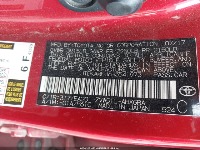 JTDKARFU6H3541973 Toyota 2zr-fxe,1nm
