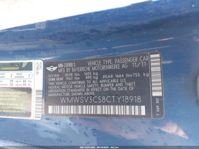 2012 MINI COOPER S WMWSV3C58CTY18918 Photo 8