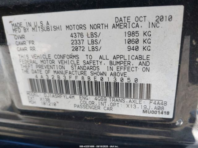 2011 MITSUBISHI GALANT 4A32B3FF8BE013050 Photo 8