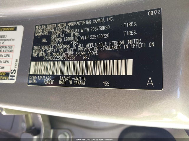 Lexus t24a-fts 2022 2T2HGCEZ5NC010538 Image 9