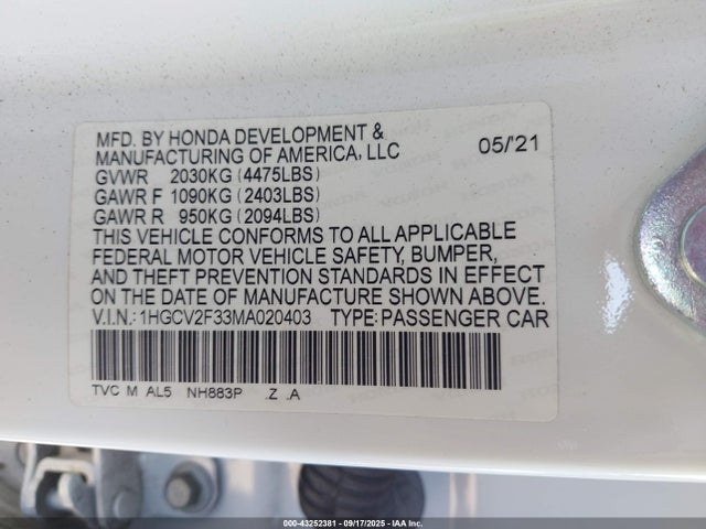 Honda k20c4 2021 1HGCV2F33MA020403 Image 9