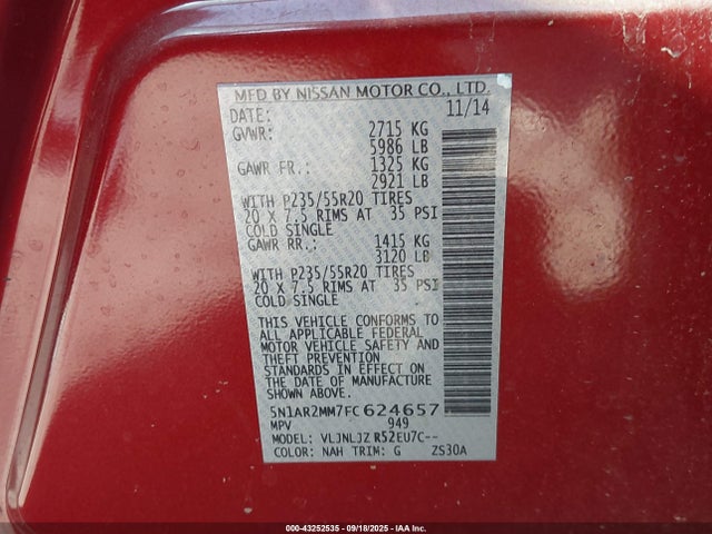 Nissan Pathfinder 2015 5N1AR2MM7FC624657 Image 9