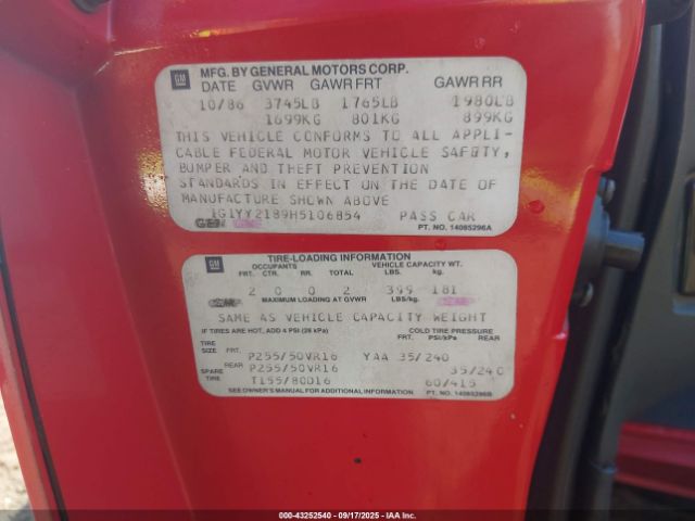 1987 CHEVROLET CORVETTE 1G1YY2189H5106854 Photo 8