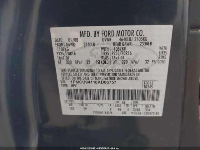 2008 FORD ESCAPE 1FMCU94118KD06757 Photo 8