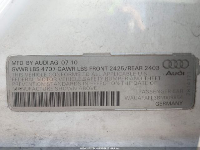 2011 AUDI A4 WAUAFAFL3BN009854 Photo 8