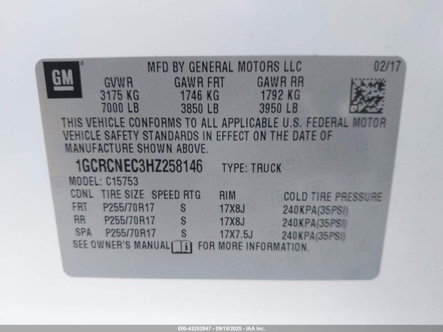 1GCRCNEC3HZ258146 Chevrolet l83 - sidi: spark ignited direct injection, vvt: variable valve timing, afm, e85 max, alum
