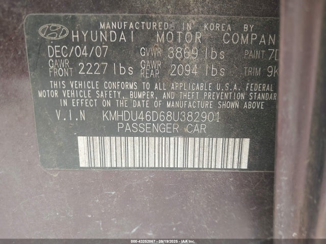 2008 HYUNDAI ELANTRA KMHDU46D68U382901 Photo 8