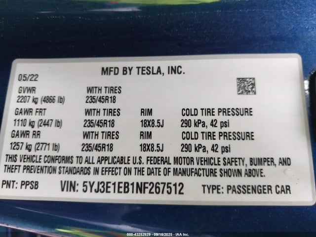 2022 TESLA MODEL 3 5YJ3E1EB1NF267512 Photo 8