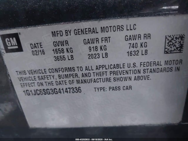 1G1JC6SG3G4147336 Chevrolet lwe - vvt, gme