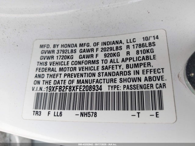 Honda r18z1 2015 19XFB2F8XFE208934 Image 9
