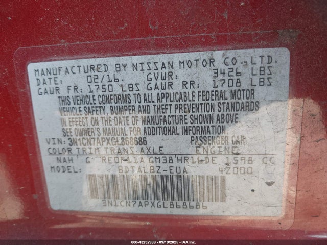 3N1CN7APXGL868686 Nissan Versa