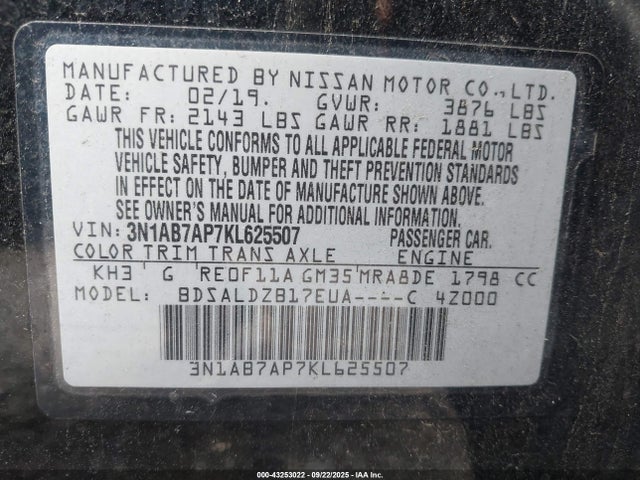 Продаж на аукціоні авто 2019 Nissan Sentra Sv, vin: 3N1AB7AP7KL625507, номер лоту: 43253022