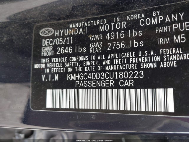Aukcja sprzedaży 2012 Hyundai Genesis 3.8, vin: KMHGC4DD3CU180223, numer aukcji: 43253115