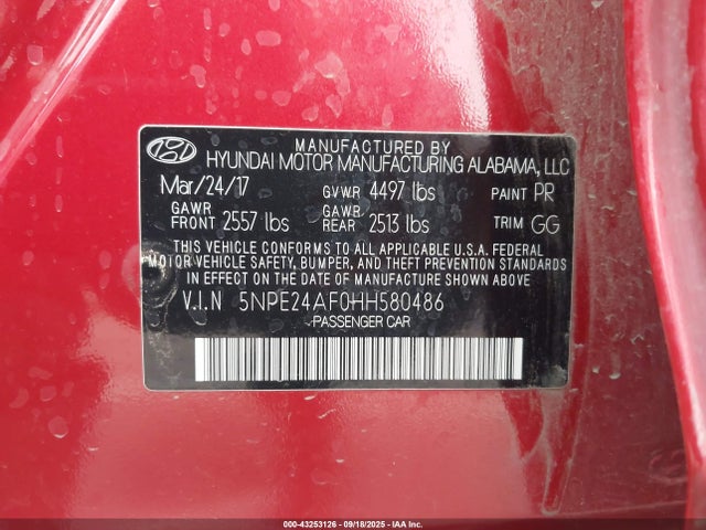 5NPE24AF0HH580486 Hyundai 2017