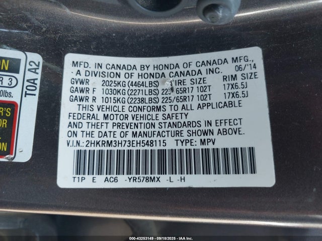 Honda k24z7 2014 2HKRM3H73EH548115 Image 9