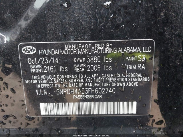Hyundai dohc mpi nu 2015 5NPDH4AE3FH602740 Image 9