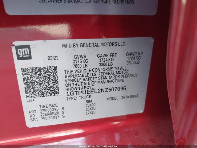 43253331 :رقم المزاد ، 1GTPUEEL2NZ507696 vin ، 2022 Gmc Sierra 1500 4wd  Short Box At4 مزاد بيع