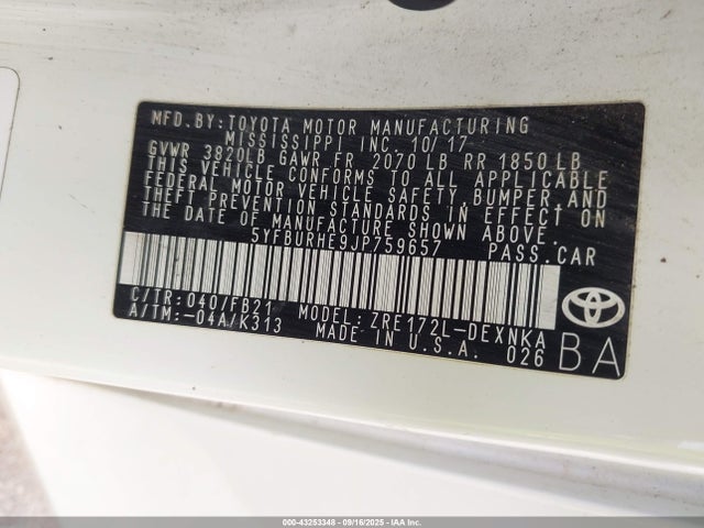 5YFBURHE9JP759657 Toyota 2zr-fe