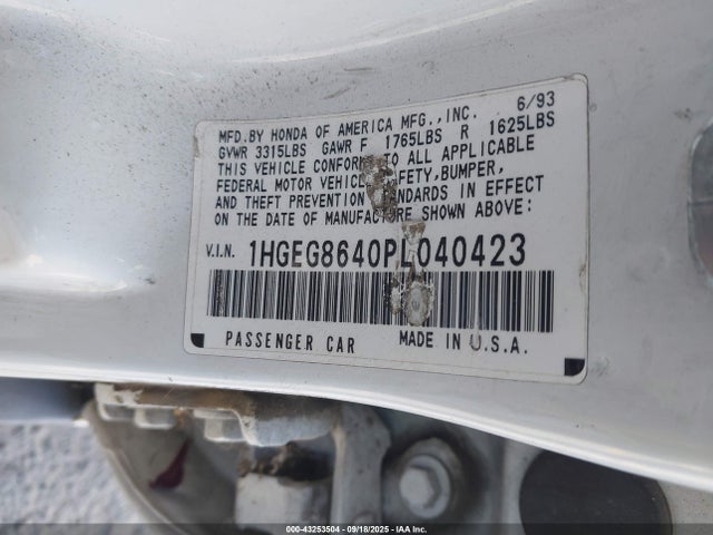 43253504 :رقم المزاد ، 1HGEG8640PL040423 vin ، 1993 Honda Civic Dx مزاد بيع