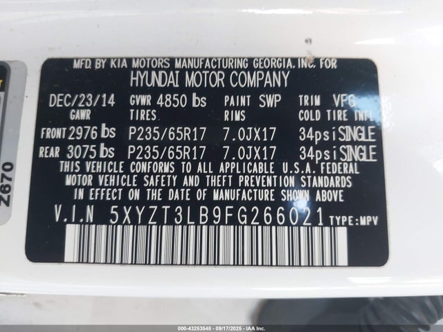 5XYZT3LB9FG266021 Hyundai dohc gdi theta ii