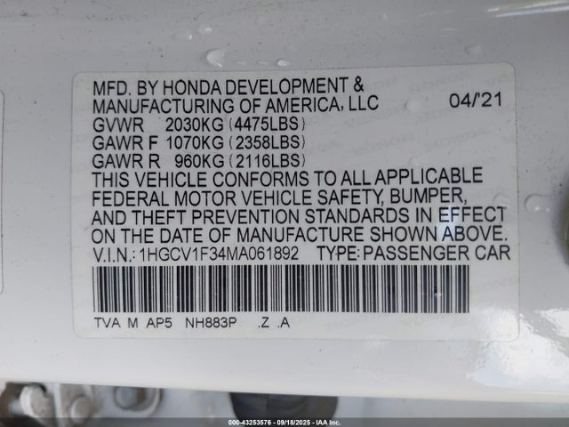 Honda l15be 2021 1HGCV1F34MA061892 Image 9